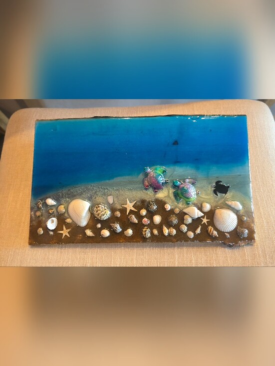 Wood Wood Other - 11x6 1/2 Handmade Blue Ocean Resin Wall Art with Shells